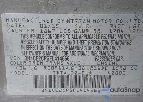 2015 Nissan Versa Note Sv z USA, uszkodzony, nr VIN 3N1CE2CP5FL414666